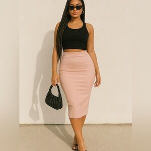 House of CB Blush Pink Bandage Knit Midi Pencil Skirt M Quiet Luxury Bodycon